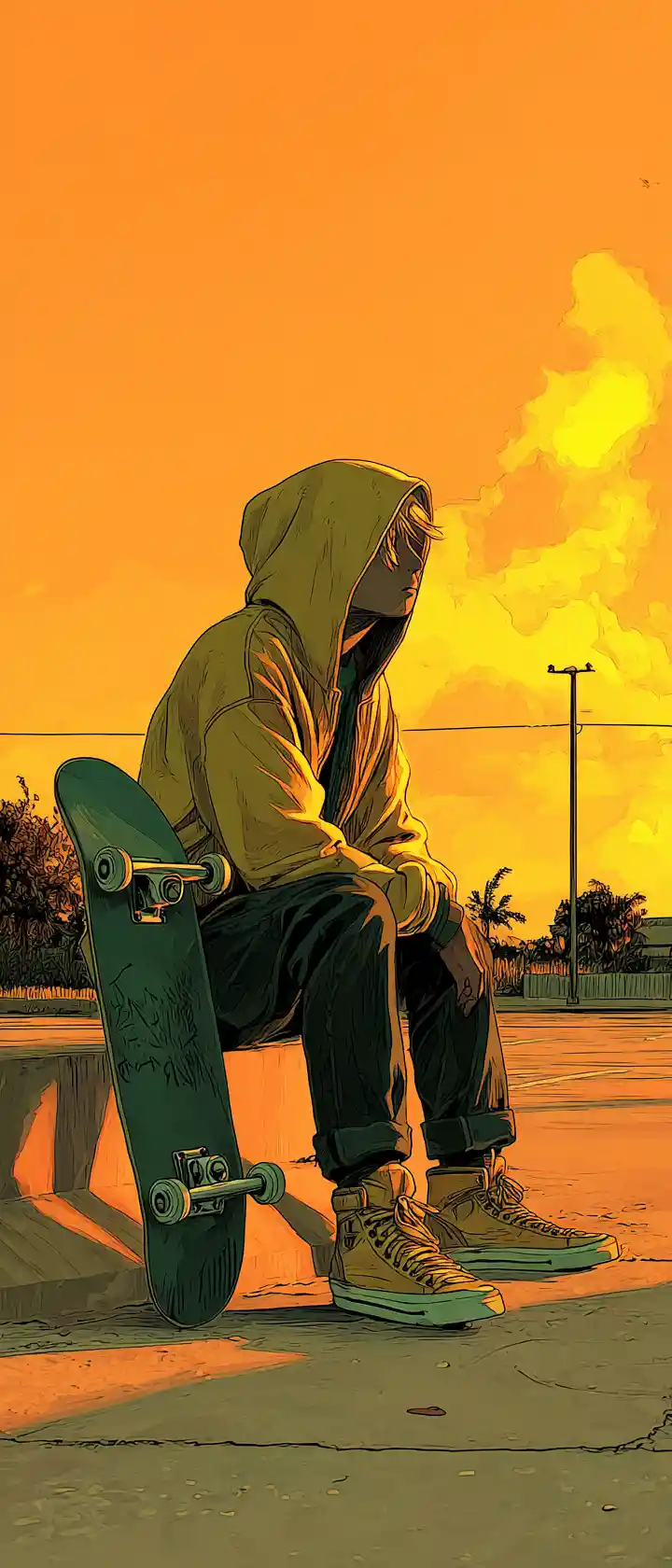 Lone skateboarder resting at an empty parking lot sunset