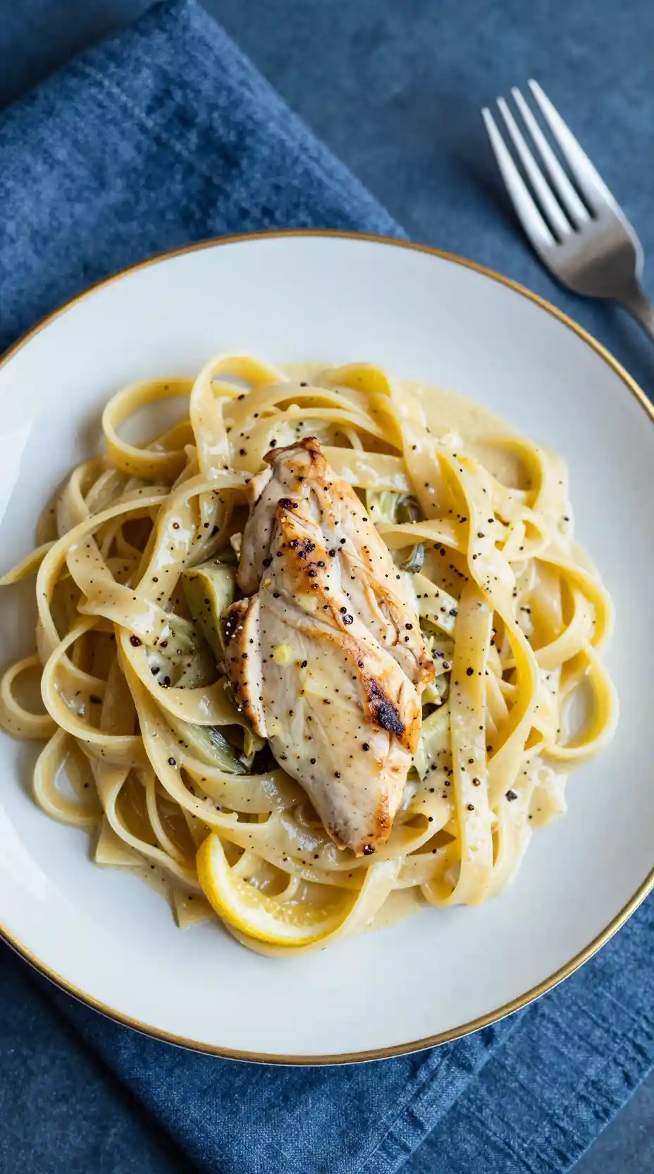 Zitronen-Artischocken-Hähnchenpasta auf einem goldgerandeten Teller