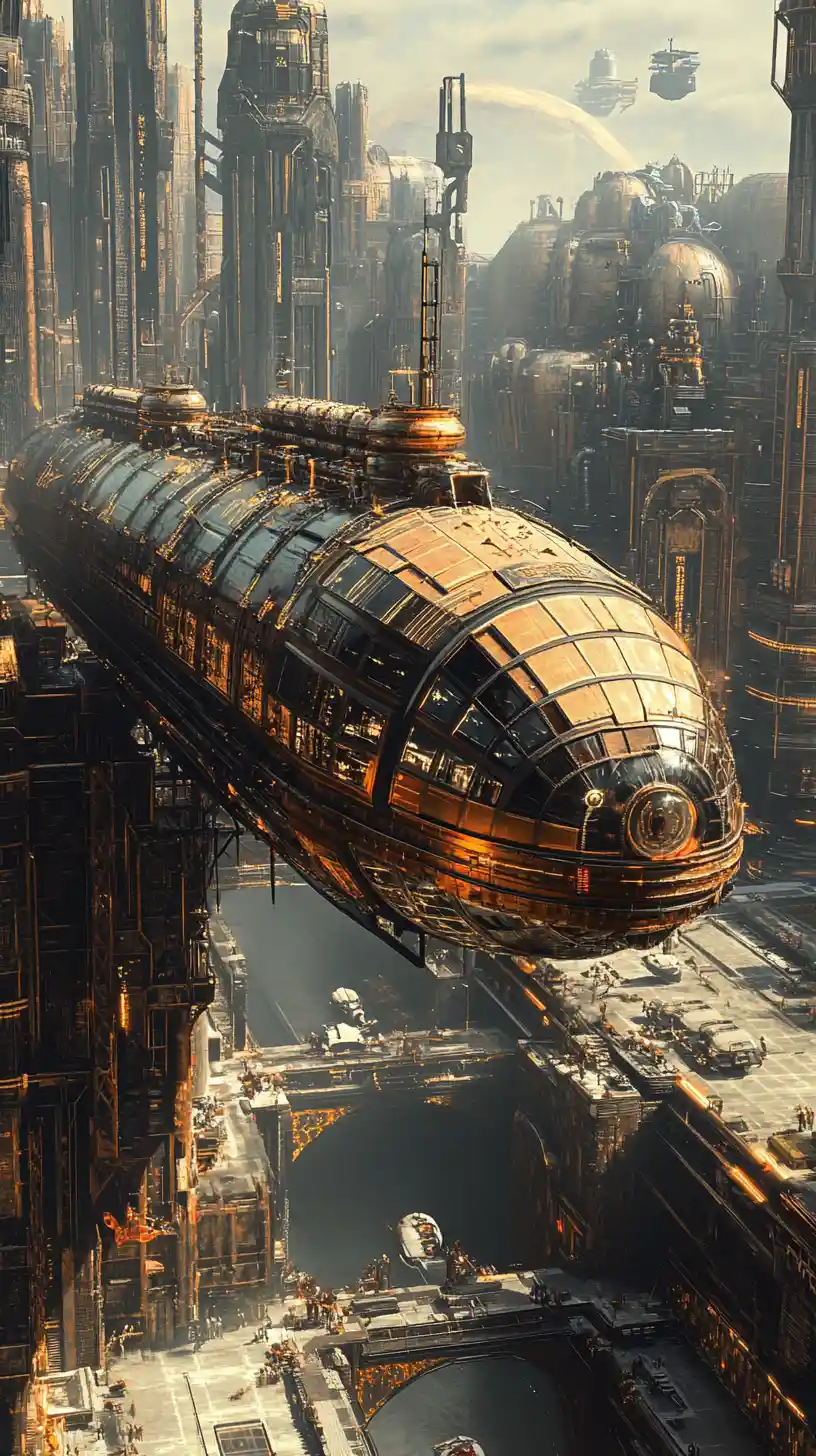Futuristisches Luftschiff über einer retro-mechanischen Stadt vertäut