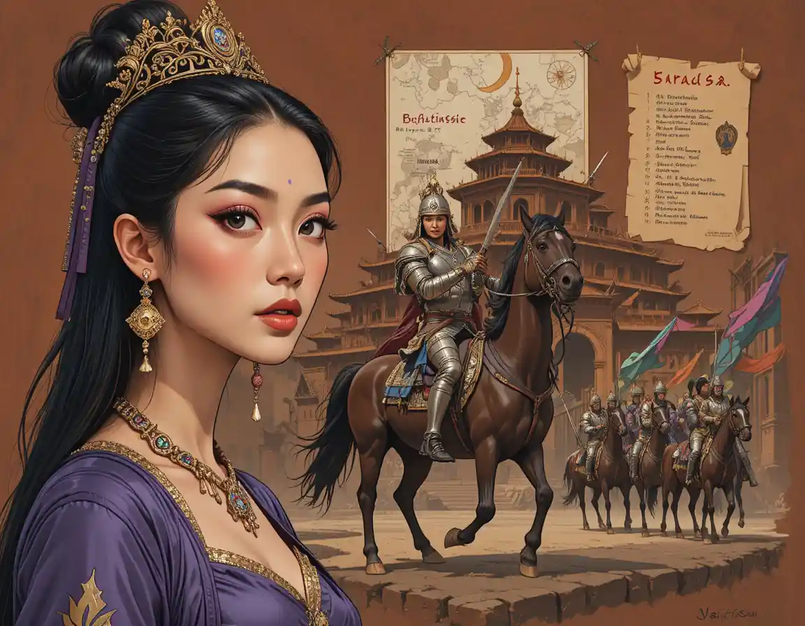 Epic fantasy illustration of crowned woman and mounted warrior