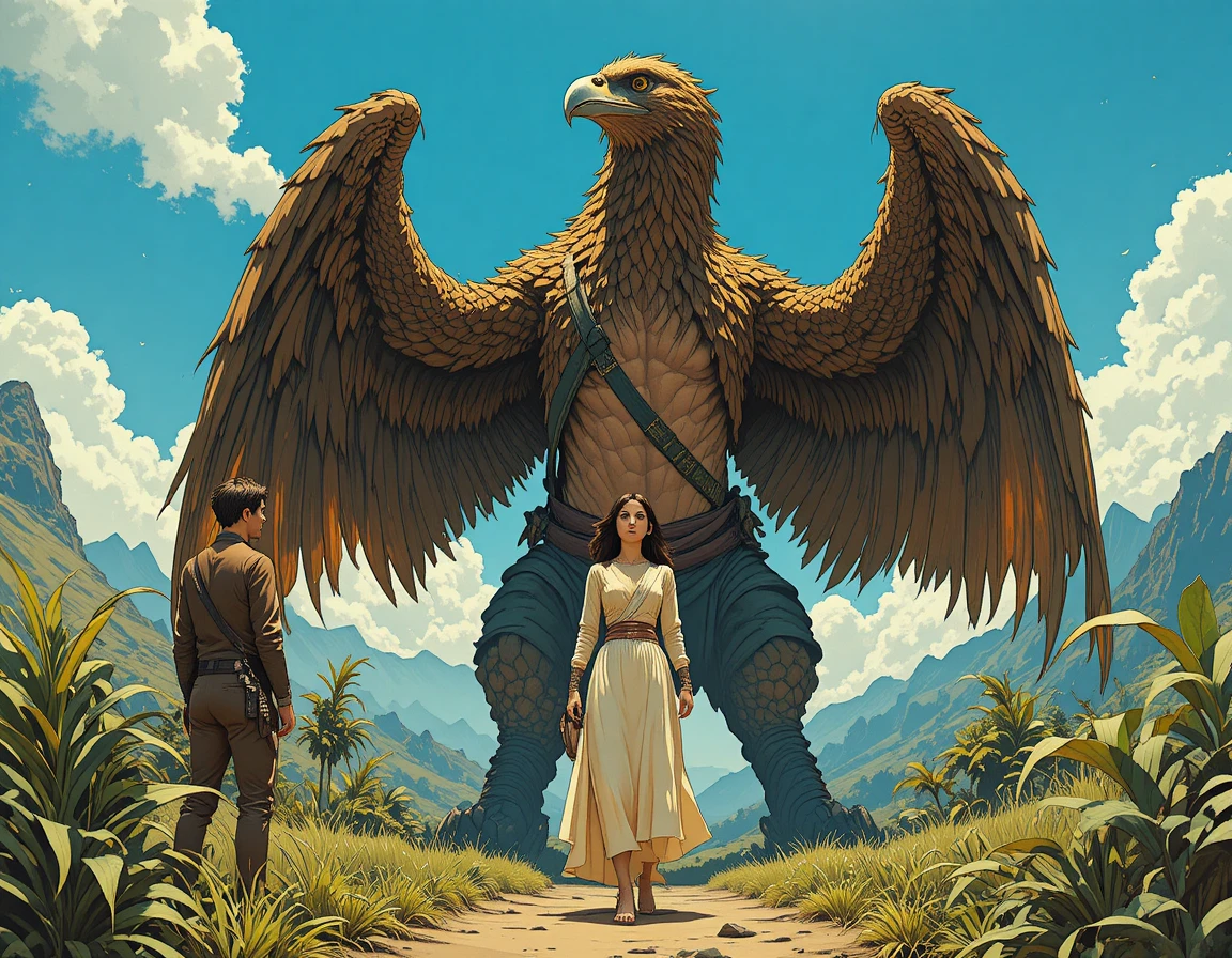 Retro-Fantasieszene mit Frau, die einem geflügelten Monster gegenübersteht