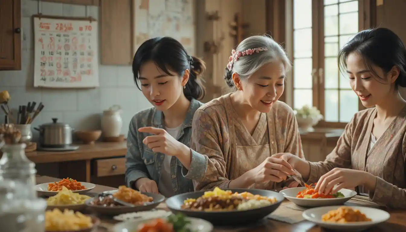 Exhausted young Korean woman alone in a warm kitchen