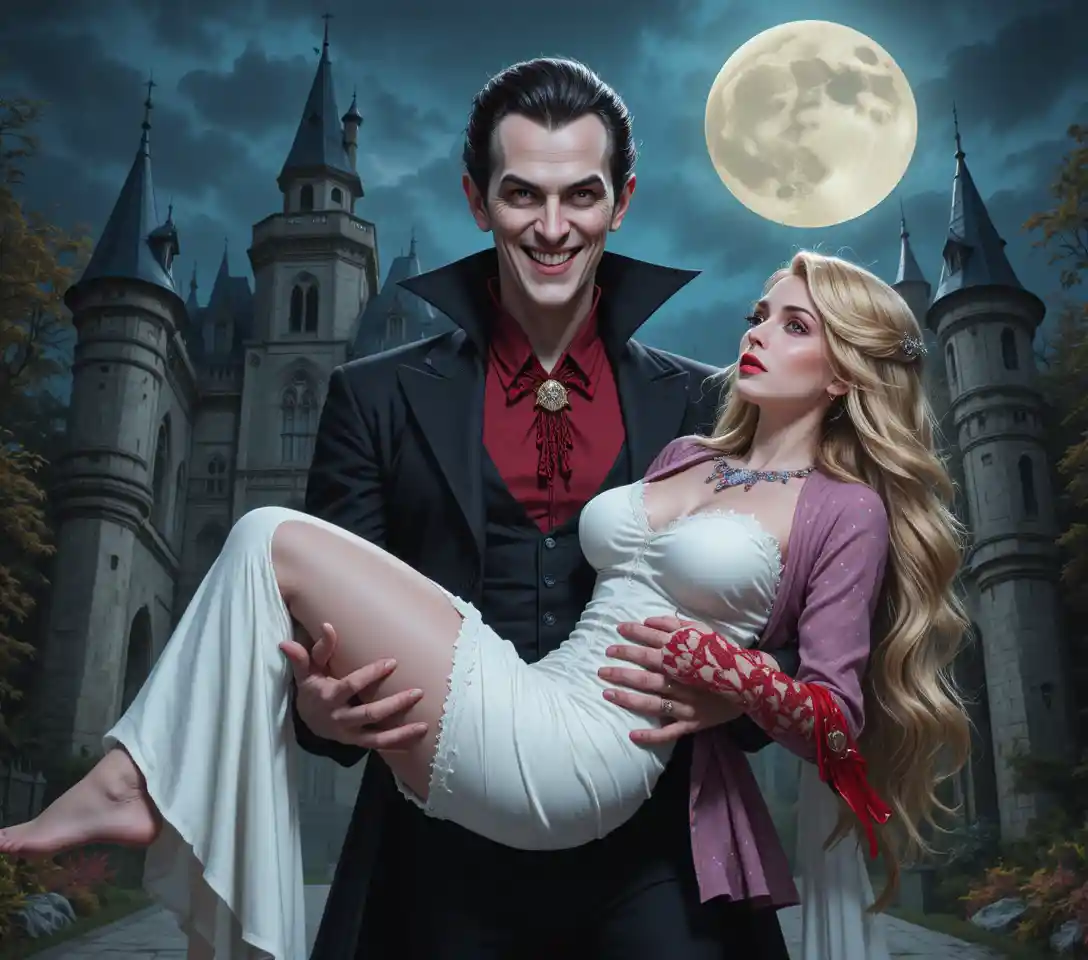 Vampire holding unconscious woman before gothic castle at night