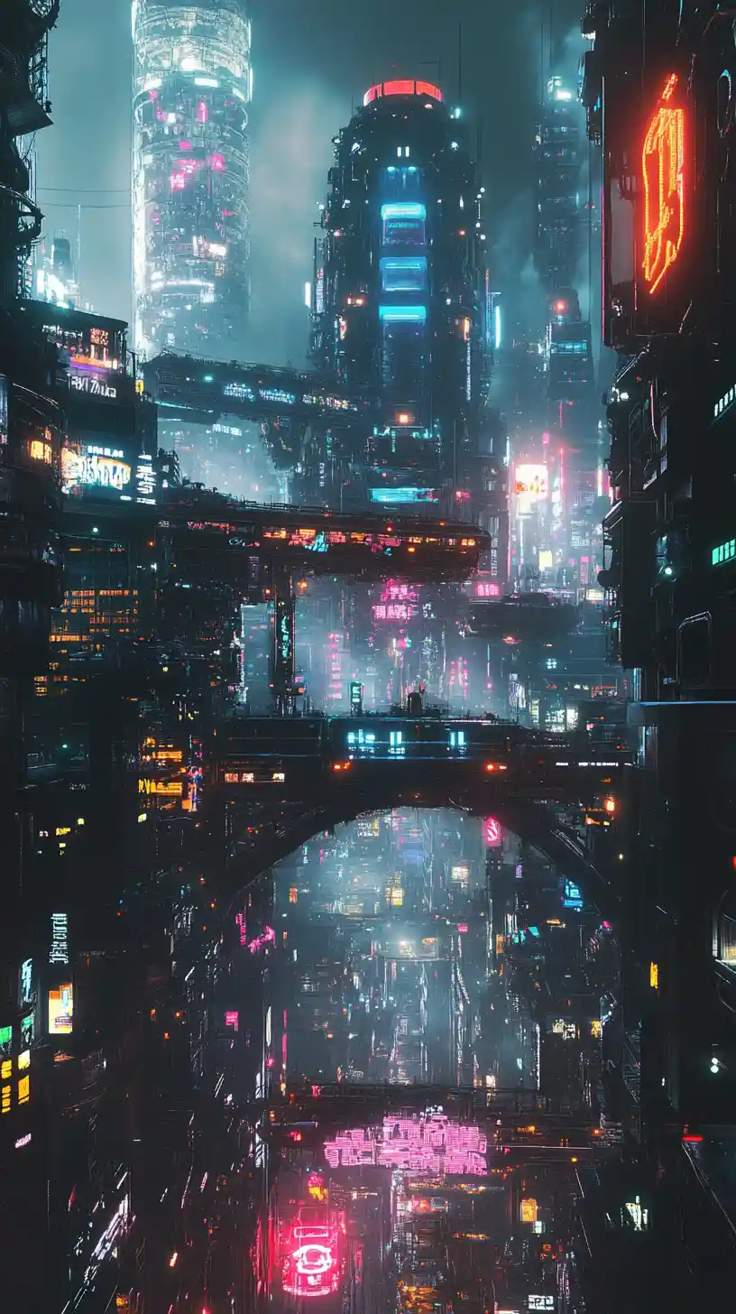 Futuristic neon cityscape with colossal mechanical structures