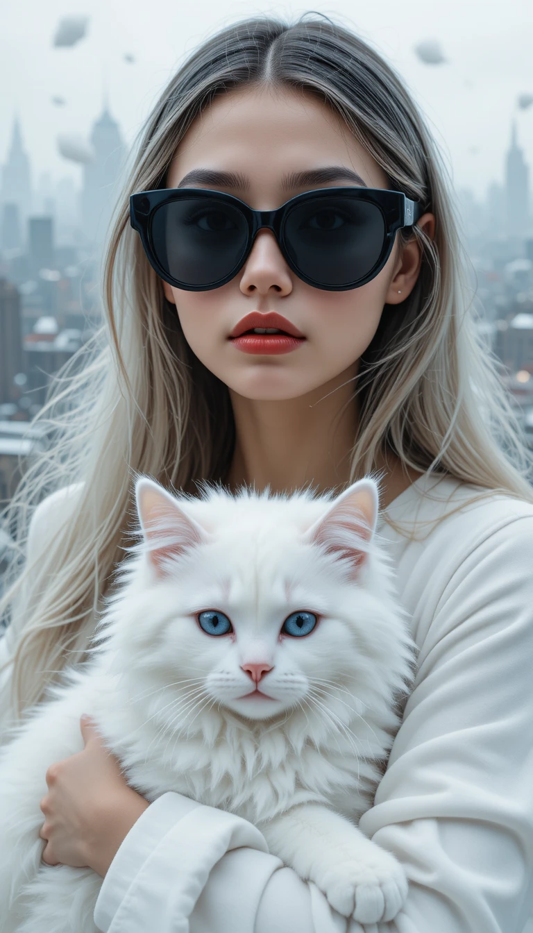 Femme élégante en blanc tenant un chat devant une douce ligne d’horizon urbaine
