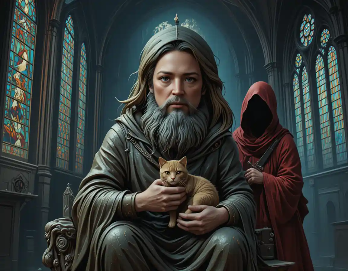 Bronze hooded statue holding a small cat in cathedral