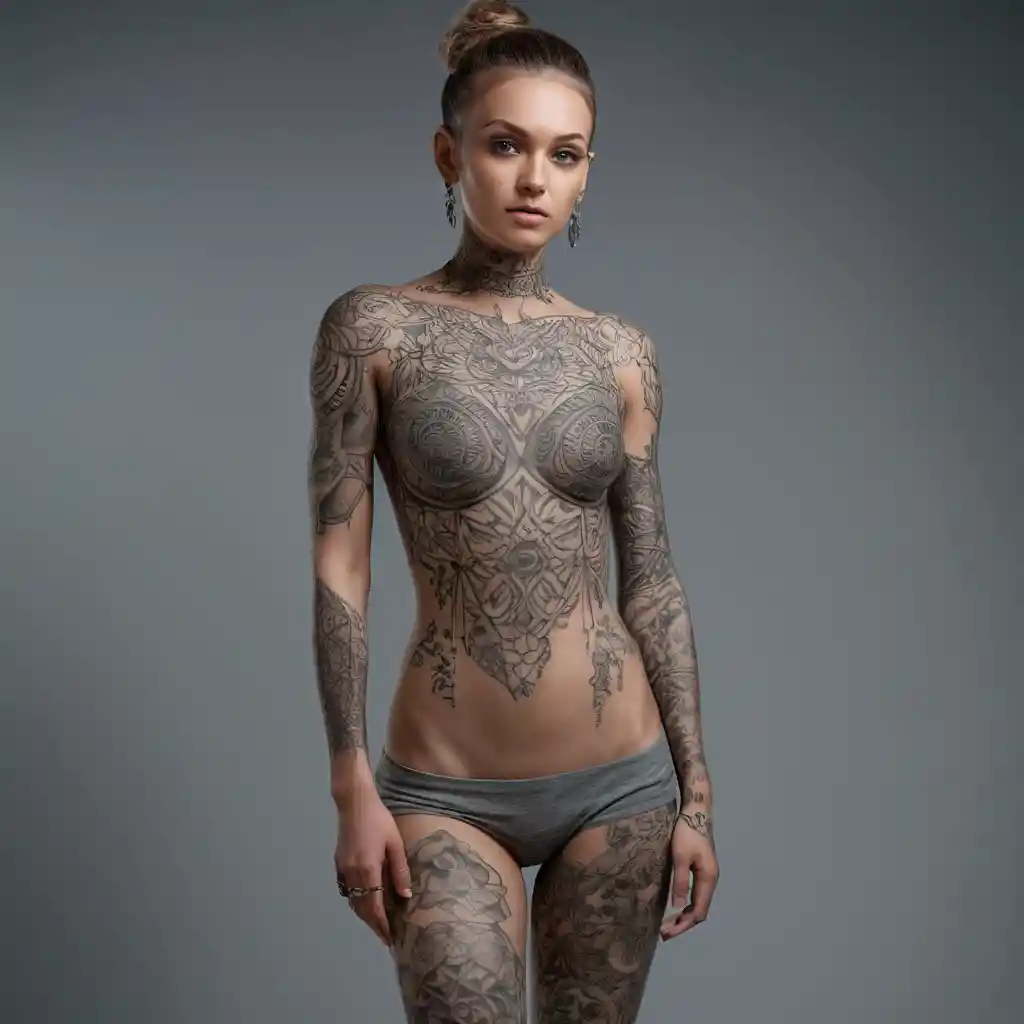 Ritratto in studio a figura intera di donna tatuata con luce soffusa