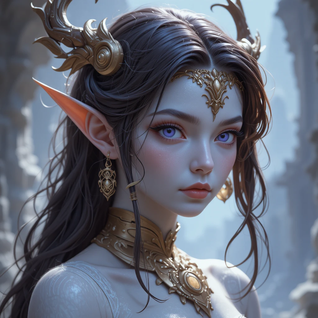 Young ivory skinned soul goddess with light violet eyes