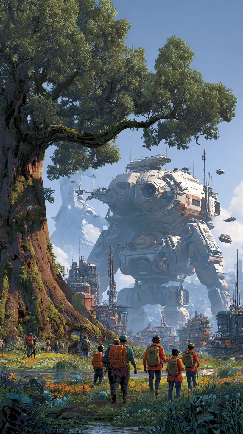 Explorers Crossing A Vast Alien Landscape With Giant Machines