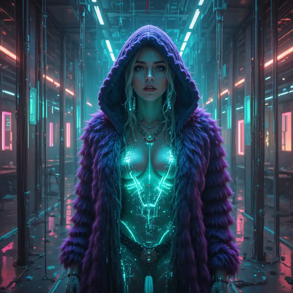 Cyberpunk heroine dissolving in neon glitch cable sanctuary