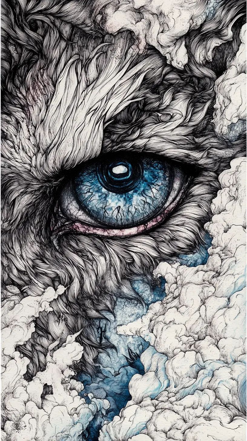 Surreal ink wolf eye illusion with vivid color accents