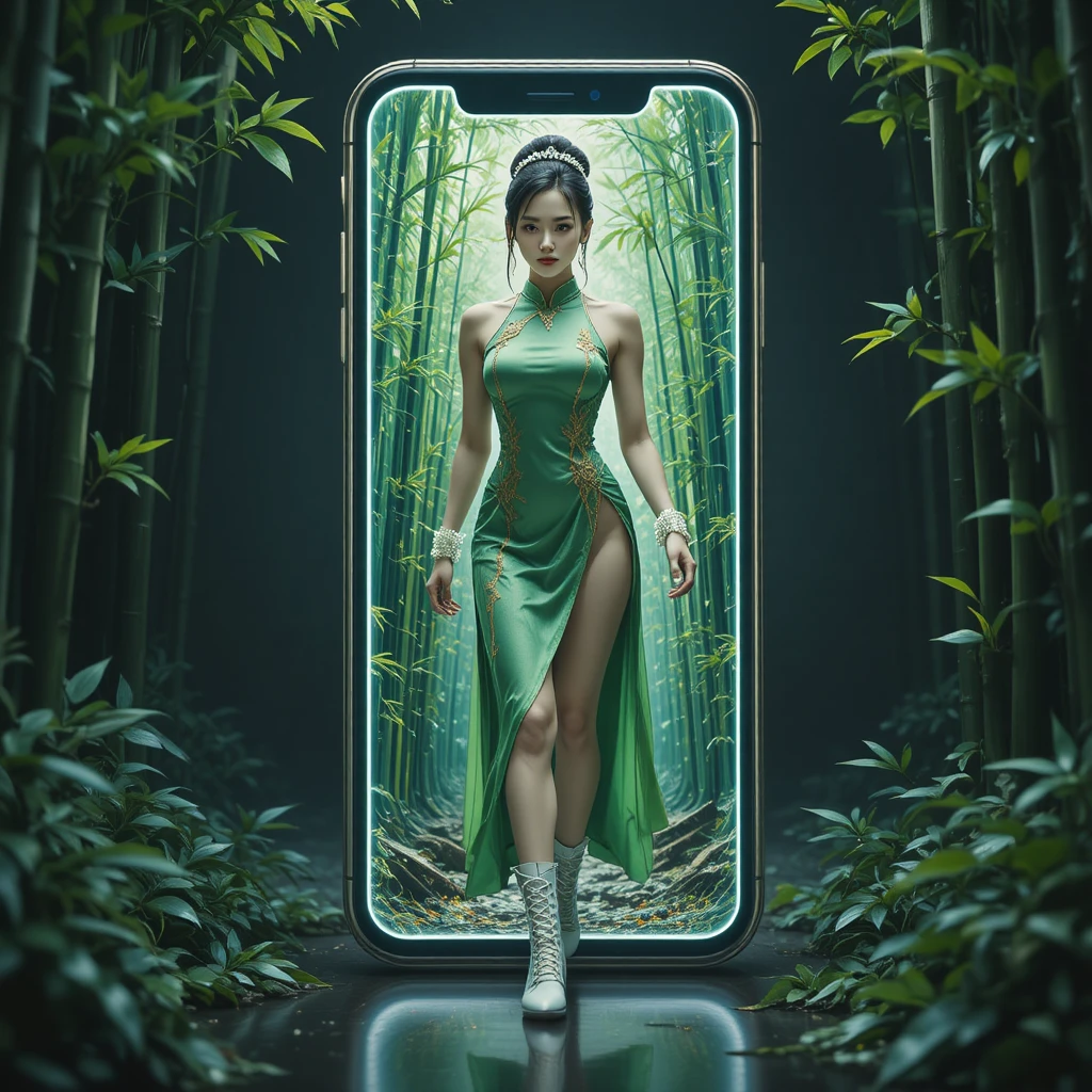 Confident woman stepping from glowing phone into bamboo forest