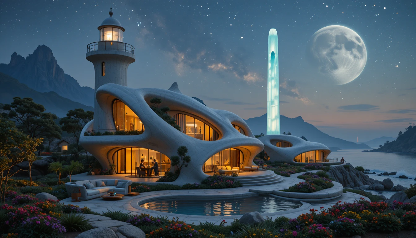 Futuristic organic house with glass curves in garden landscape