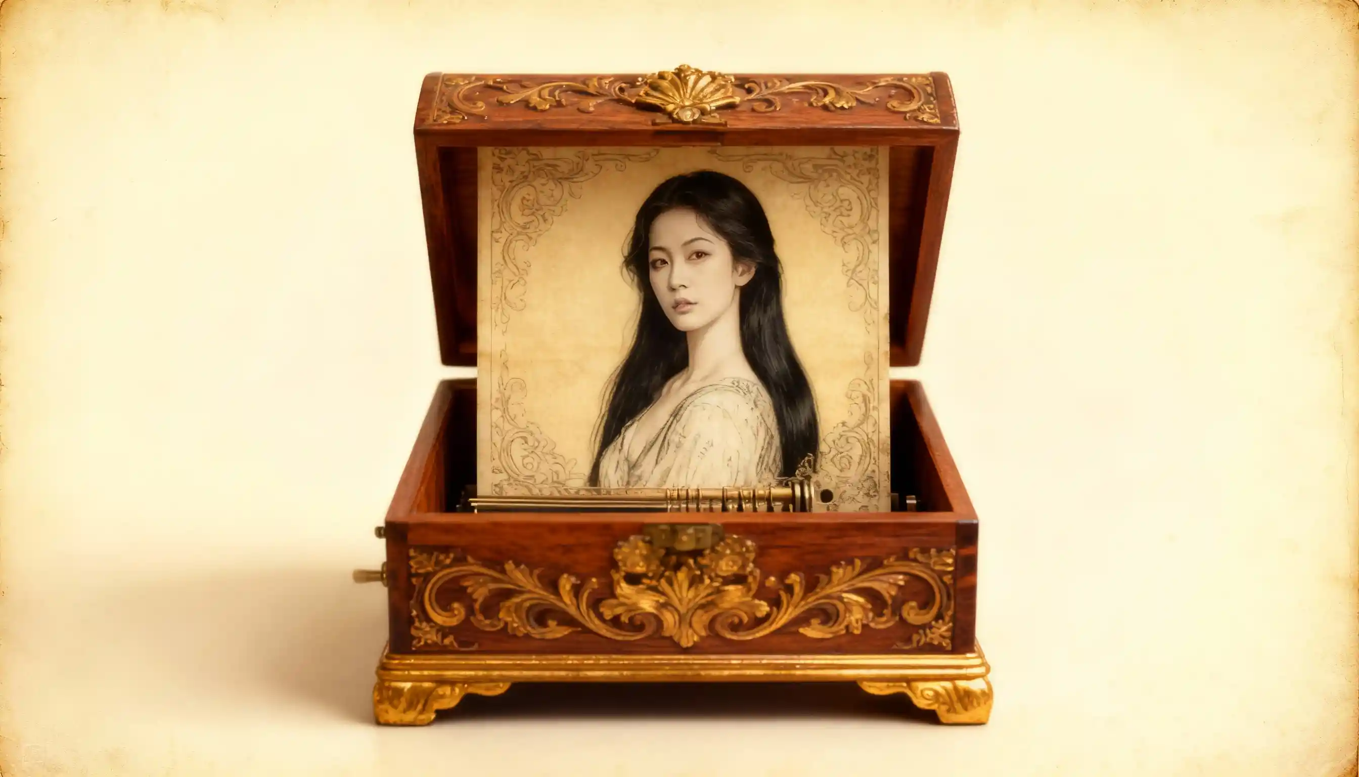 Vintage wooden music box opening to reveal a portrait