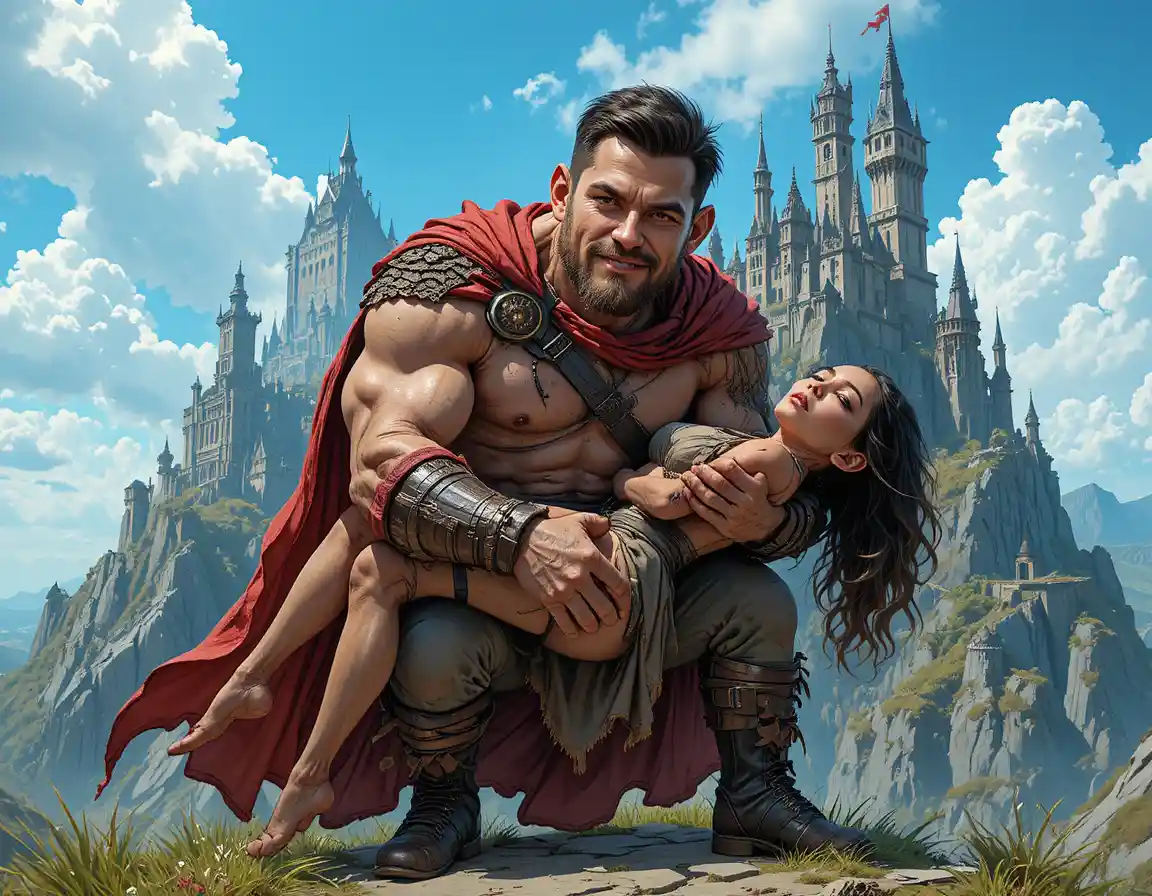 Fantasy warrior carrying woman before a mountain fortress