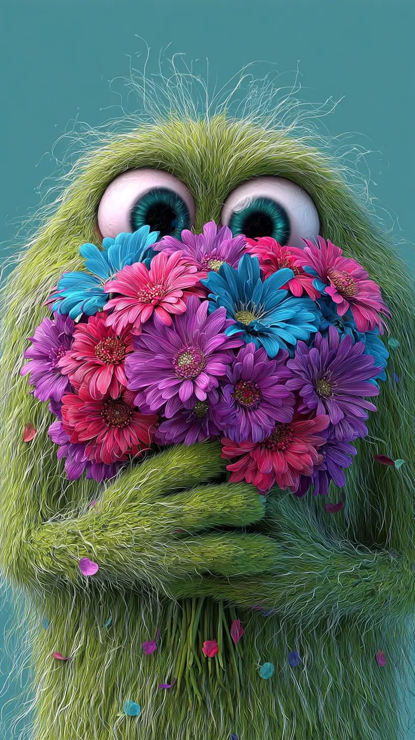Furry monster holding colorful flower bouquet close up