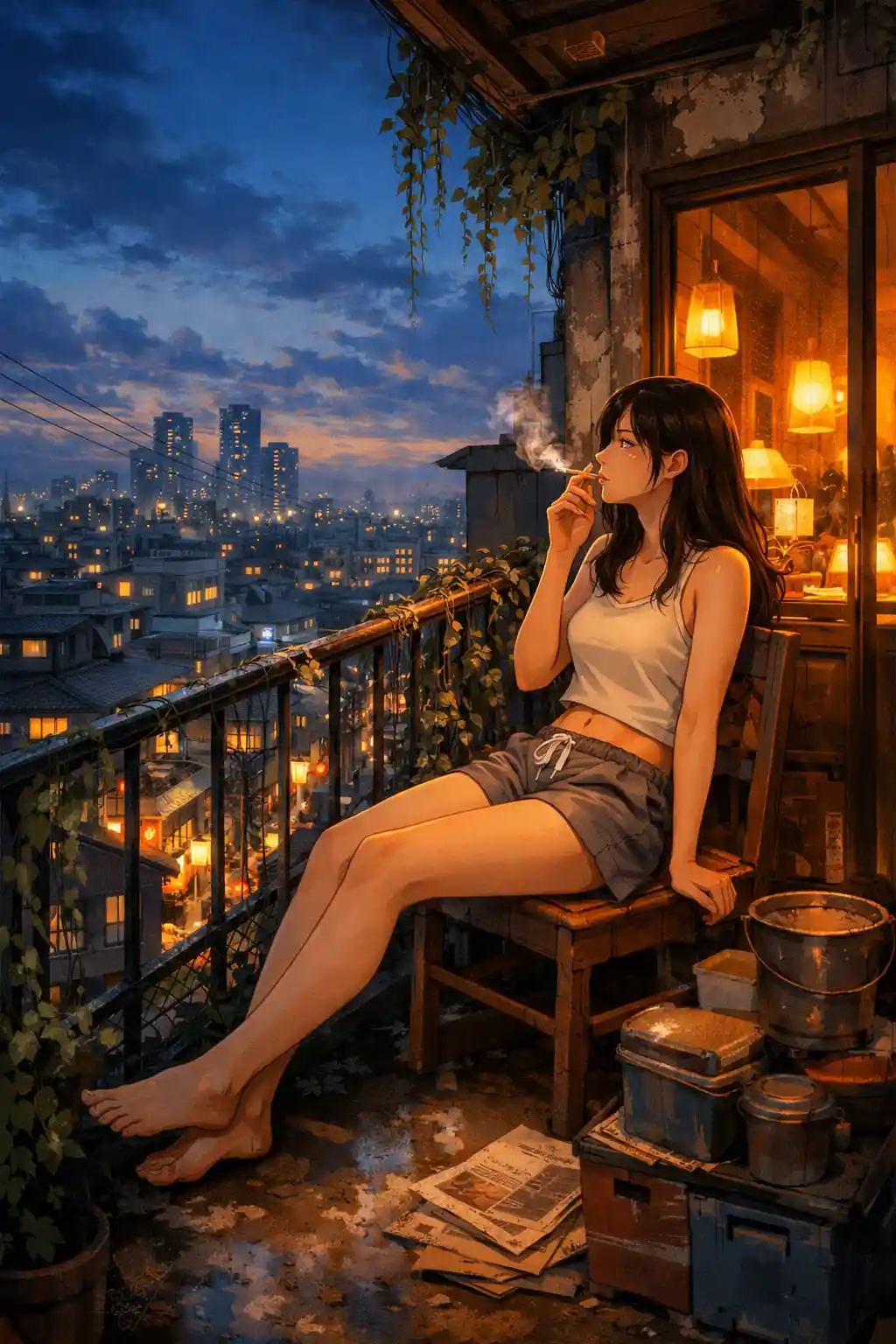 Young woman smoking alone on an urban balcony at dusk