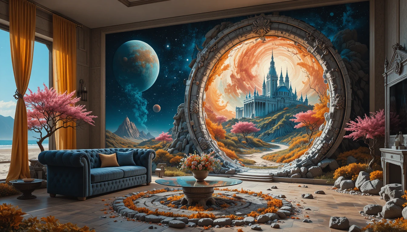 Portal de fuego surrealista en una lujosa sala de estar
