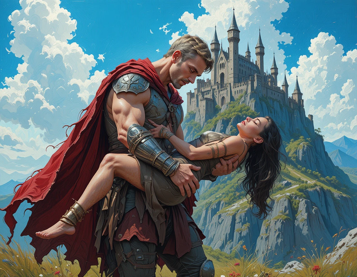 Fantasy warrior carrying woman before a mountain fortress