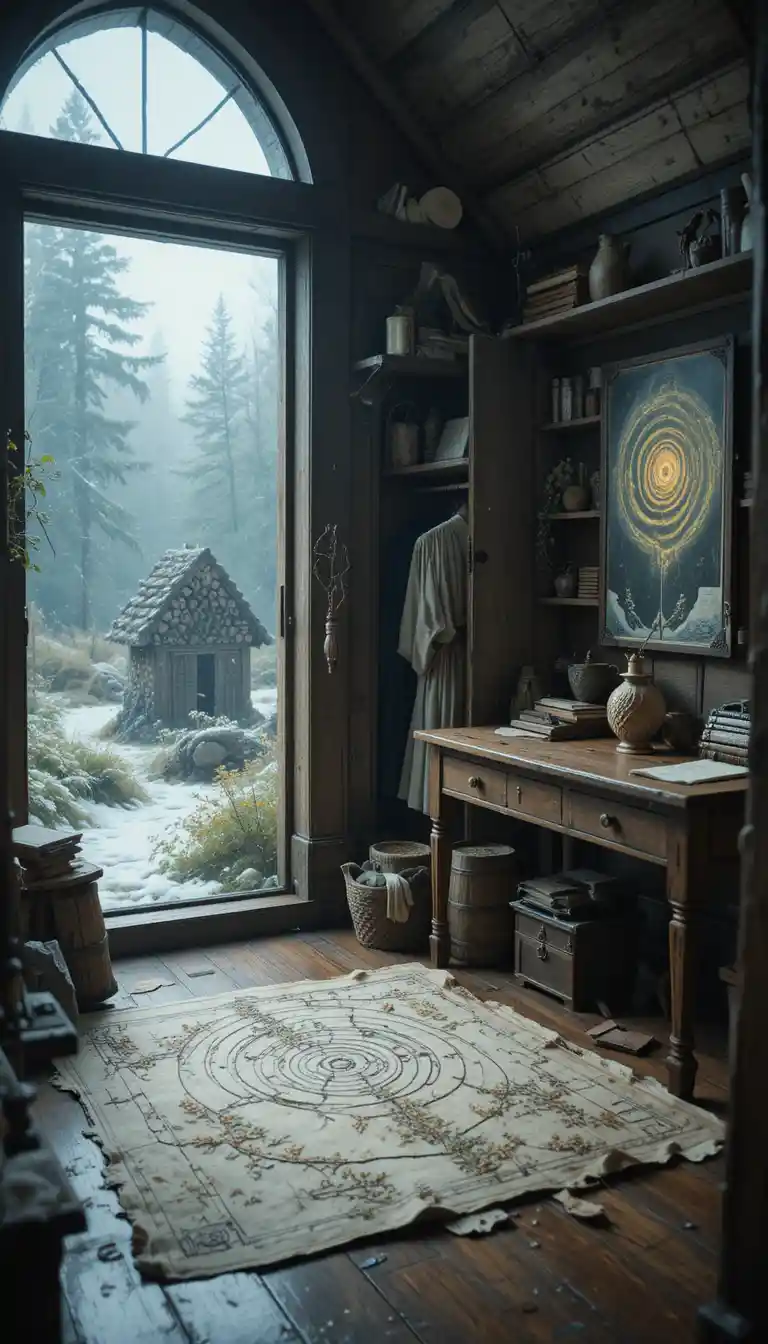 Scholarly druid cottage interior in misty mountain forest