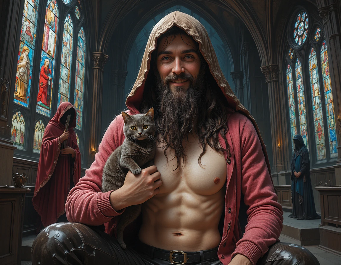 Bronze hooded statue holding a small cat in cathedral