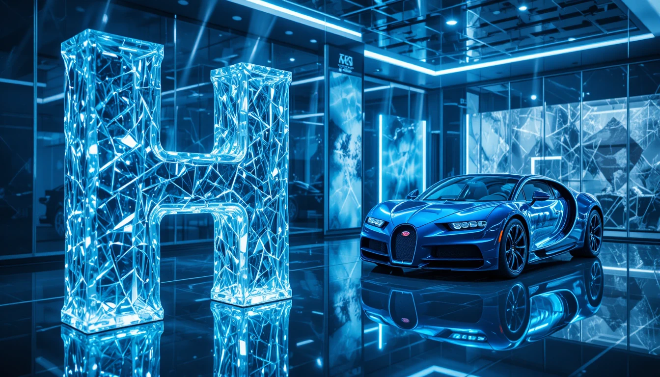 Crystal Letter H With Luxury Sports Car In Showroom
