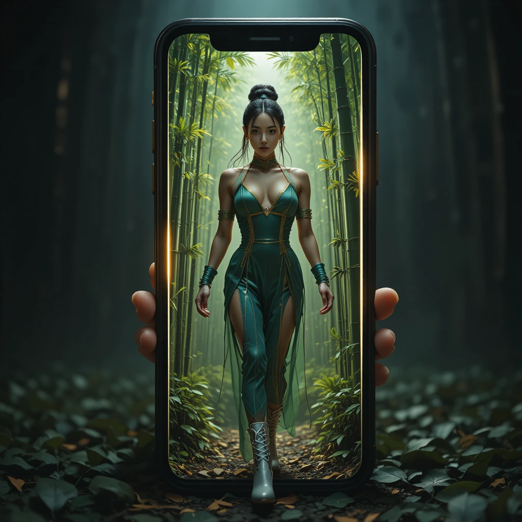 Confident woman stepping from glowing phone into bamboo forest