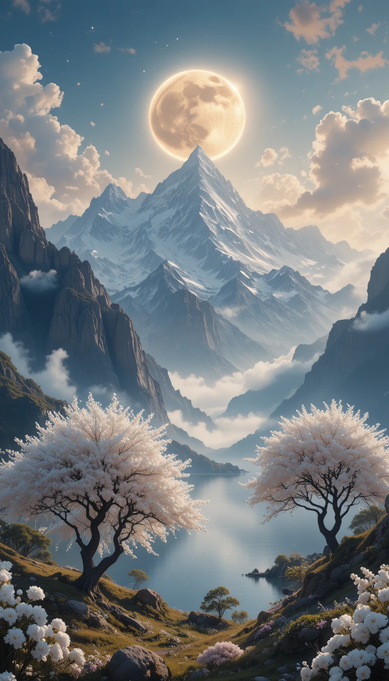 Ethereal fantasy lake beneath snow capped mountains