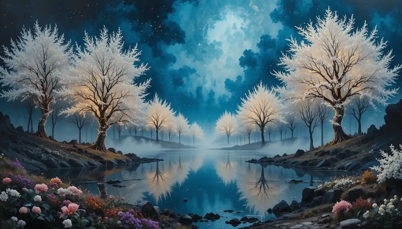 Paesaggio fantasy surreale con alberi di fuoco bianchi e lago