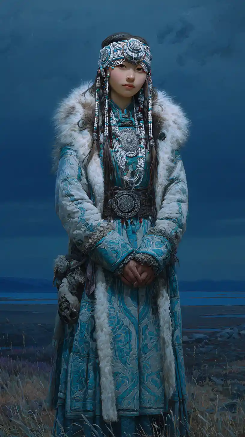 Portrait of a translucent Yakutian ghost girl in Siberian night
