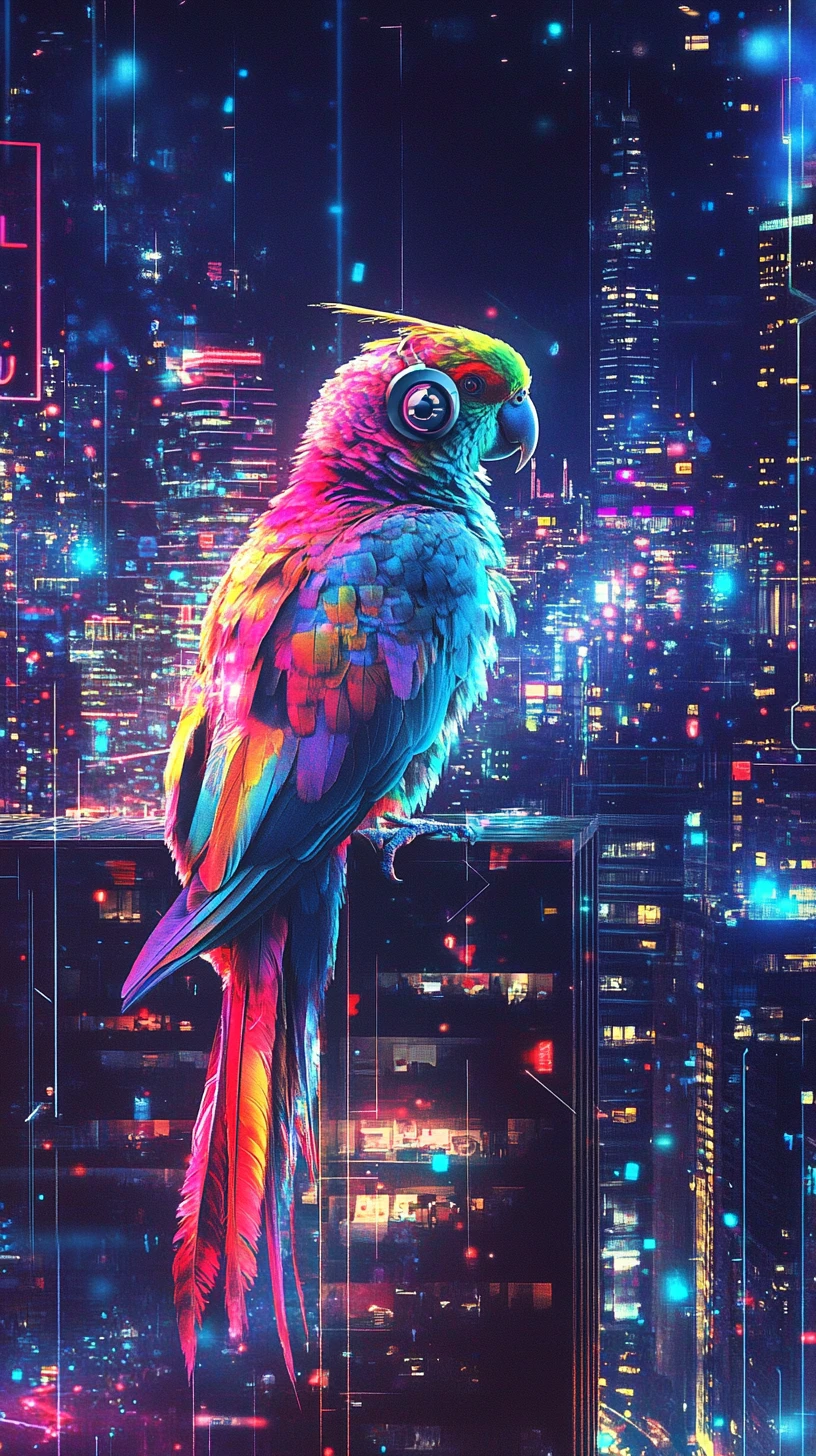 Pappagallo futuristico al neon su un tetto sopra una città luminosa