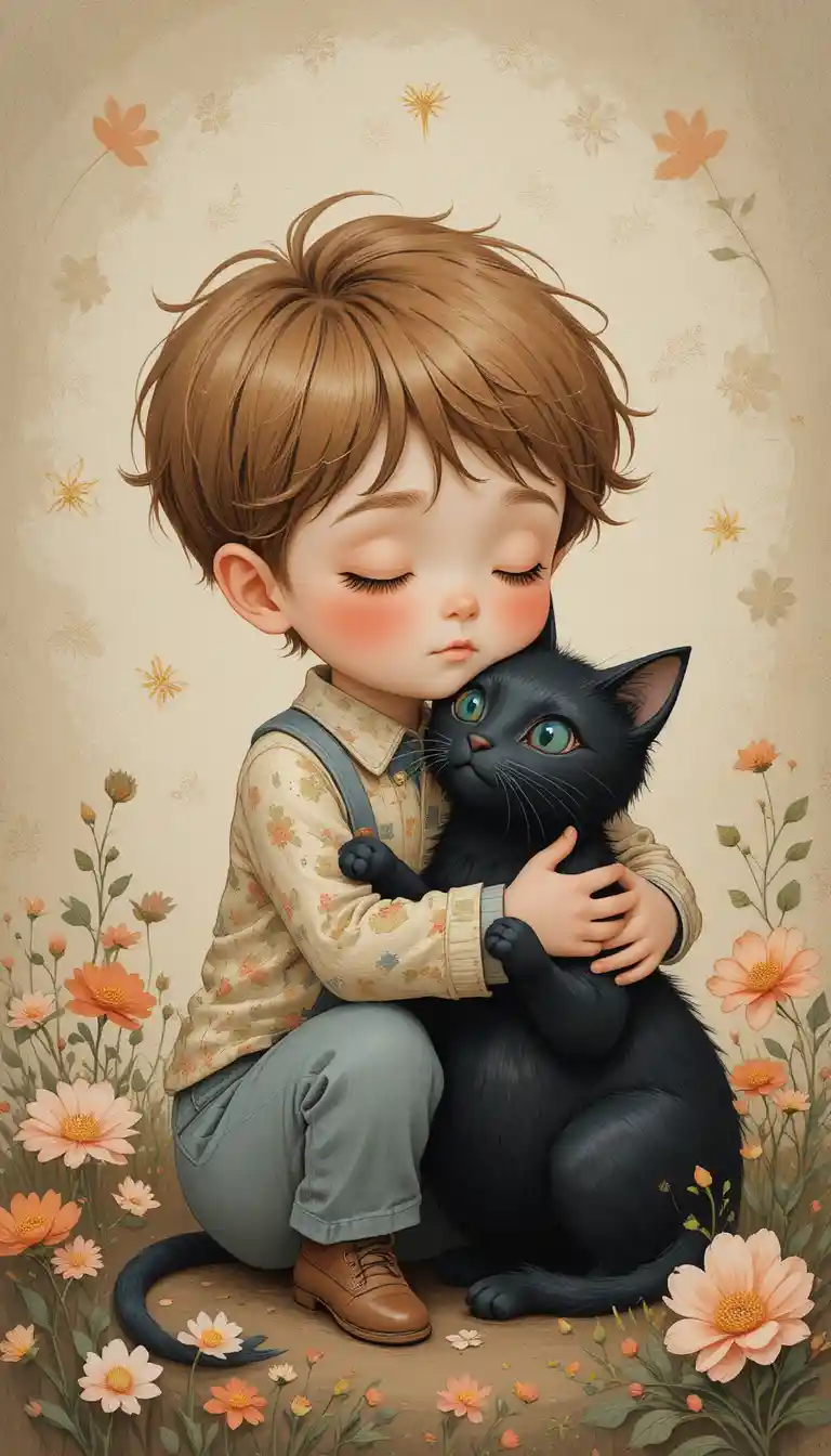 Chico de arte folclórica soñadora abrazando a un gato negro