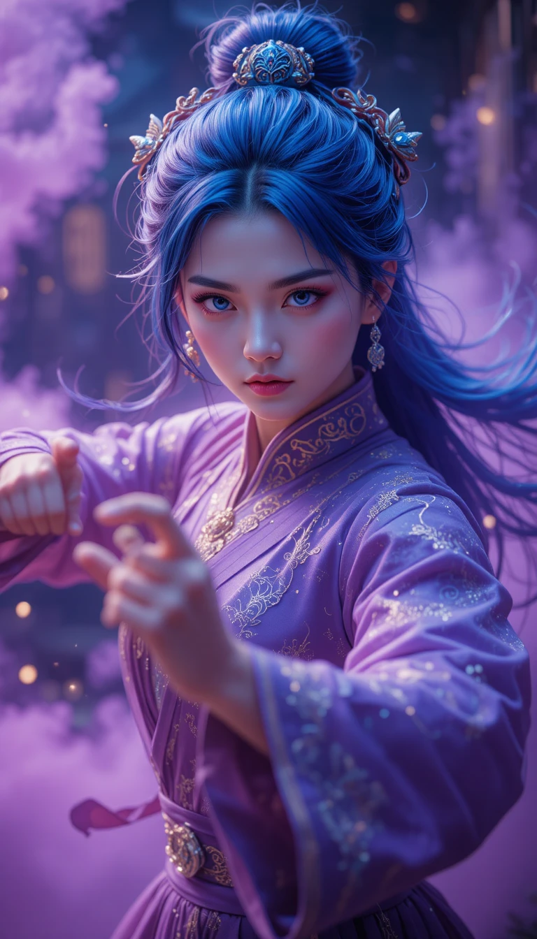 Guerrera china de cabello azul con hanfu fluido
