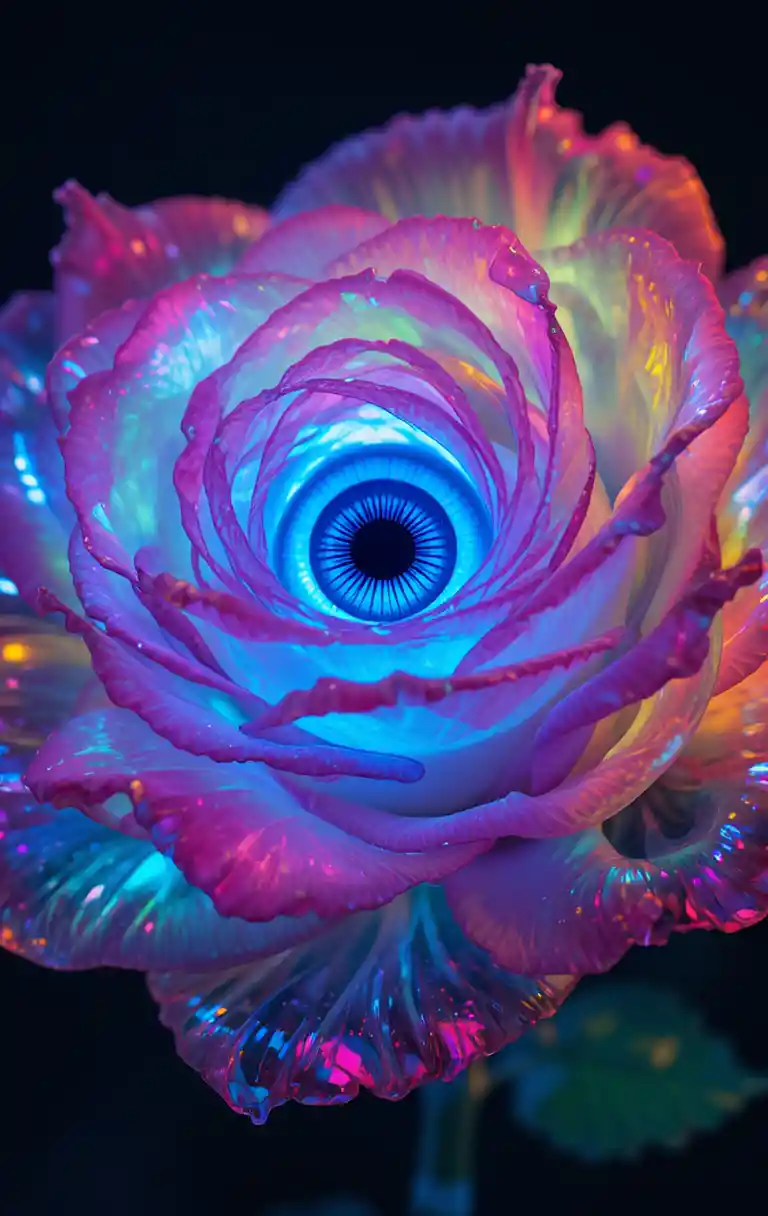 Surreal glowing rose with a single blue eye center