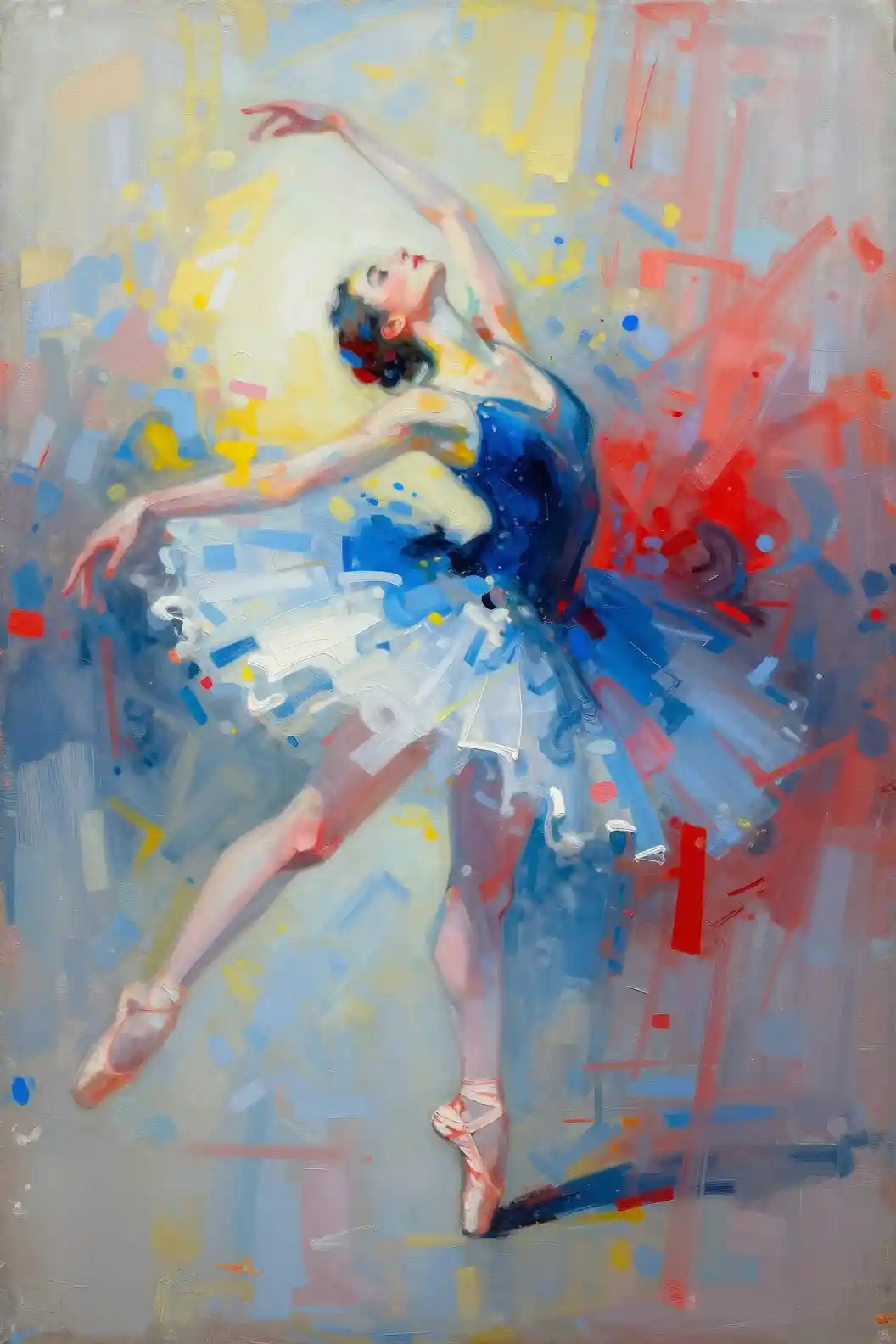 Abstract ballerina bending backward in swirling colorful paint