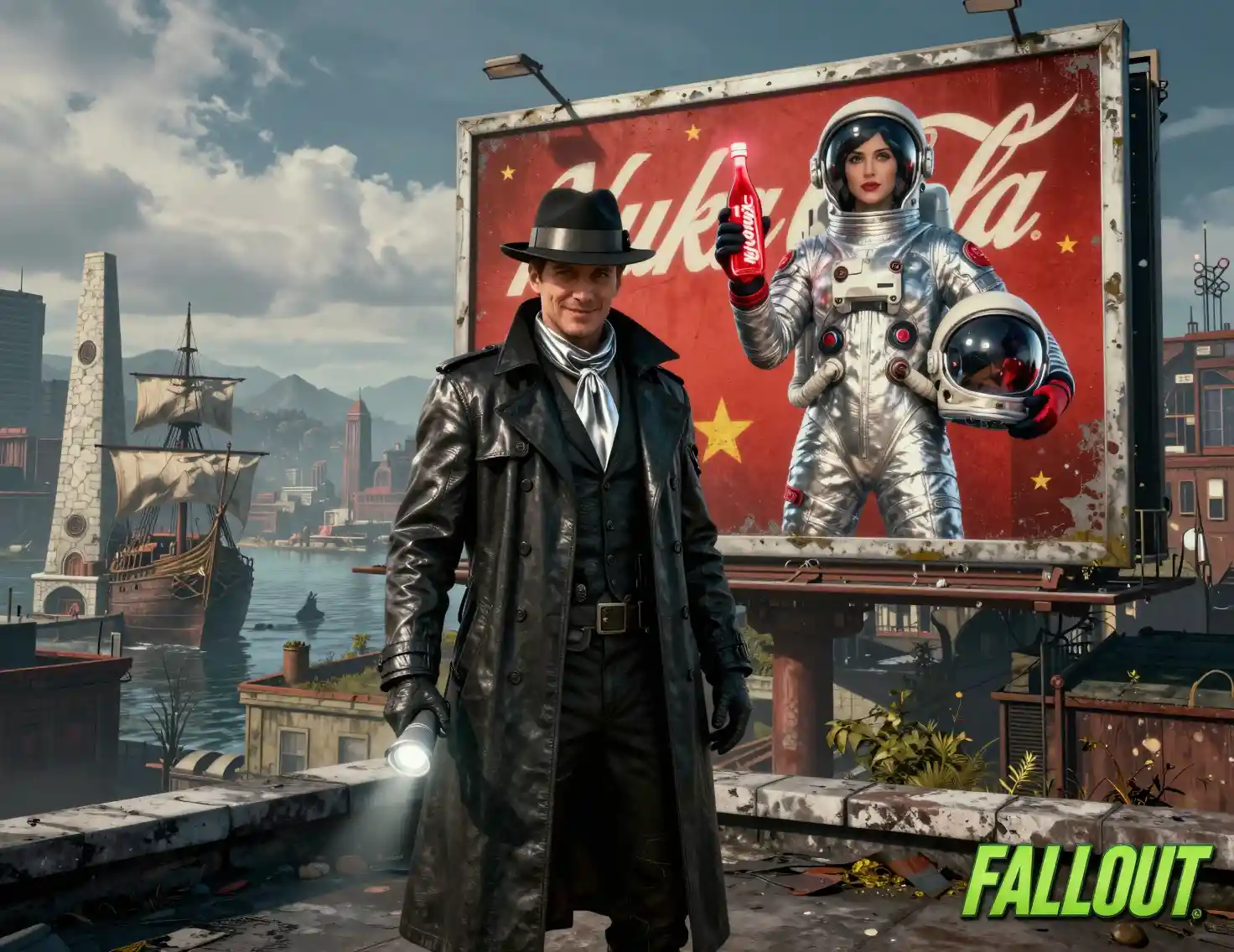 Smiling sci fi detective on rooftop in ruined city