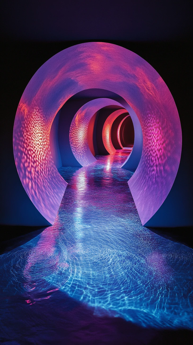 Interior futurista de cápsula redonda con ondas sonoras luminosas