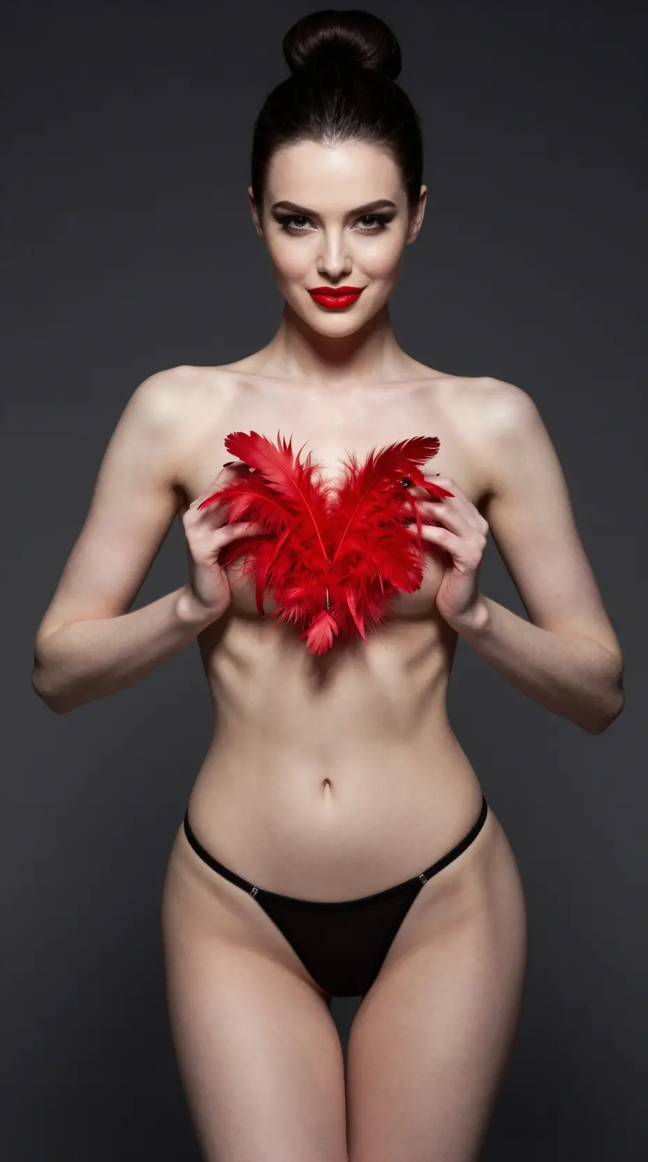 Glamorous woman with red feather heart on dark backdrop