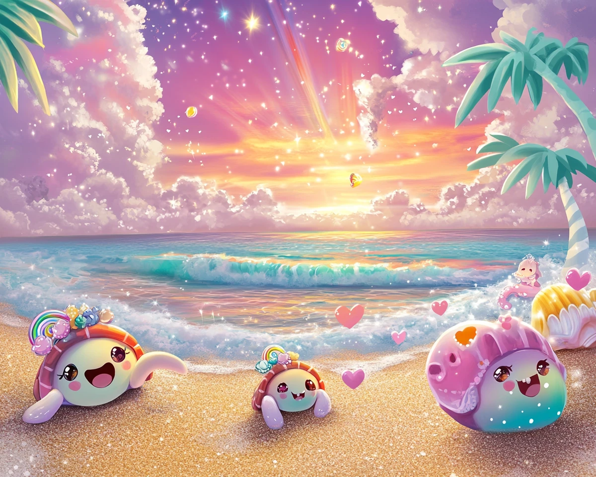 Cute anime sea turtles on a sparkling sunset beach