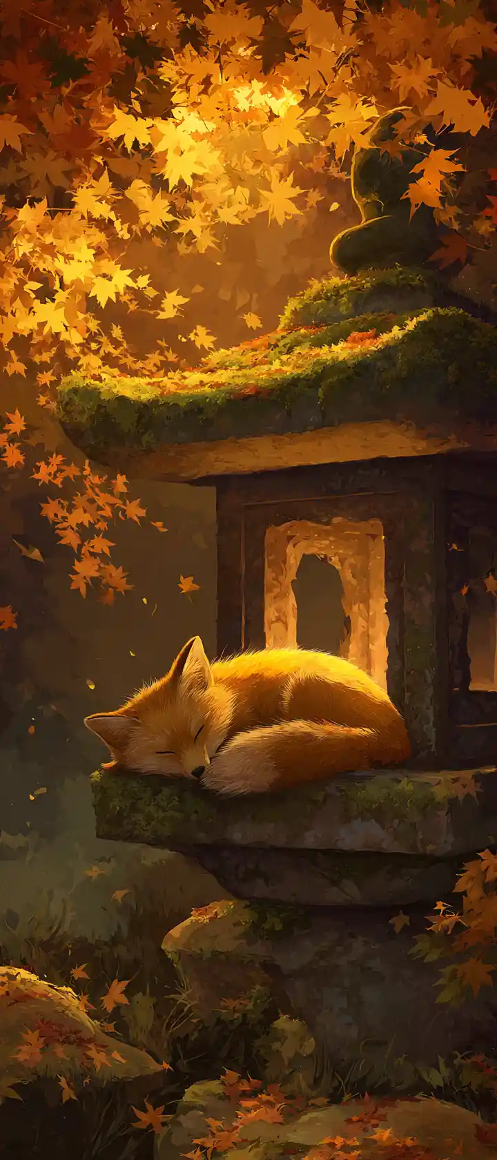 Sleeping fox spirit on autumn shrine lantern at dusk