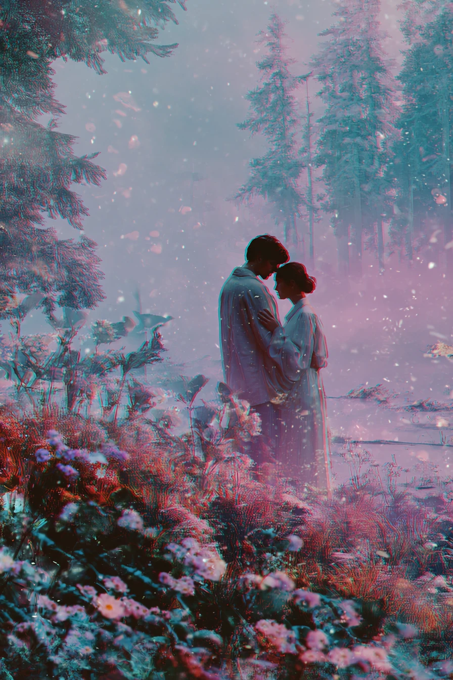 Broken heartscape over forest and sea in double exposure
