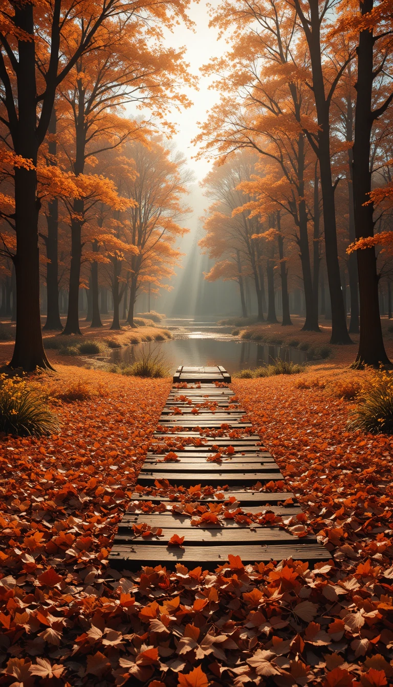 Golden autumn woodland clearing with pond and wooden pier