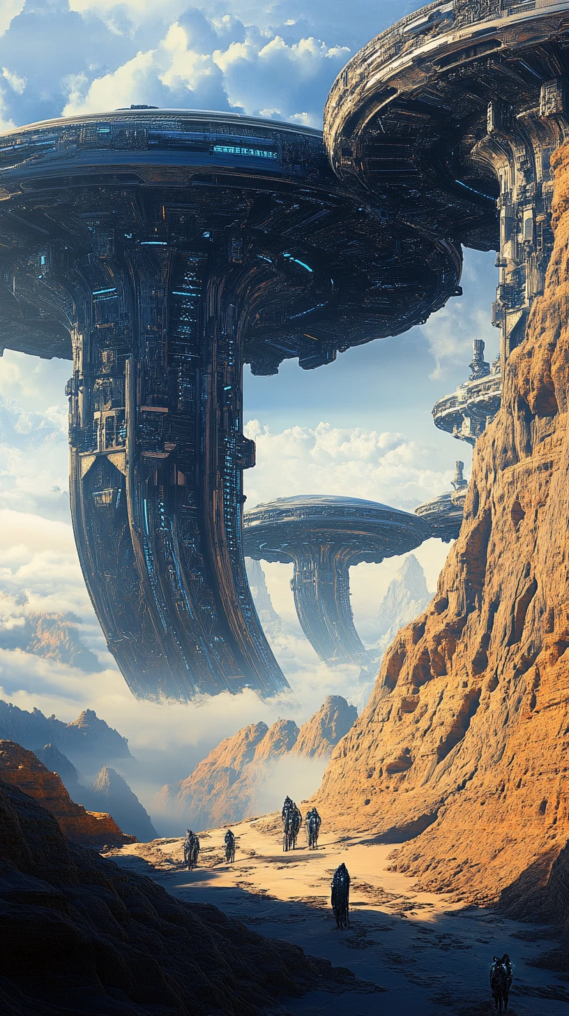 Formes de cyborg biomécaniques dans un paysage fantastique surréaliste