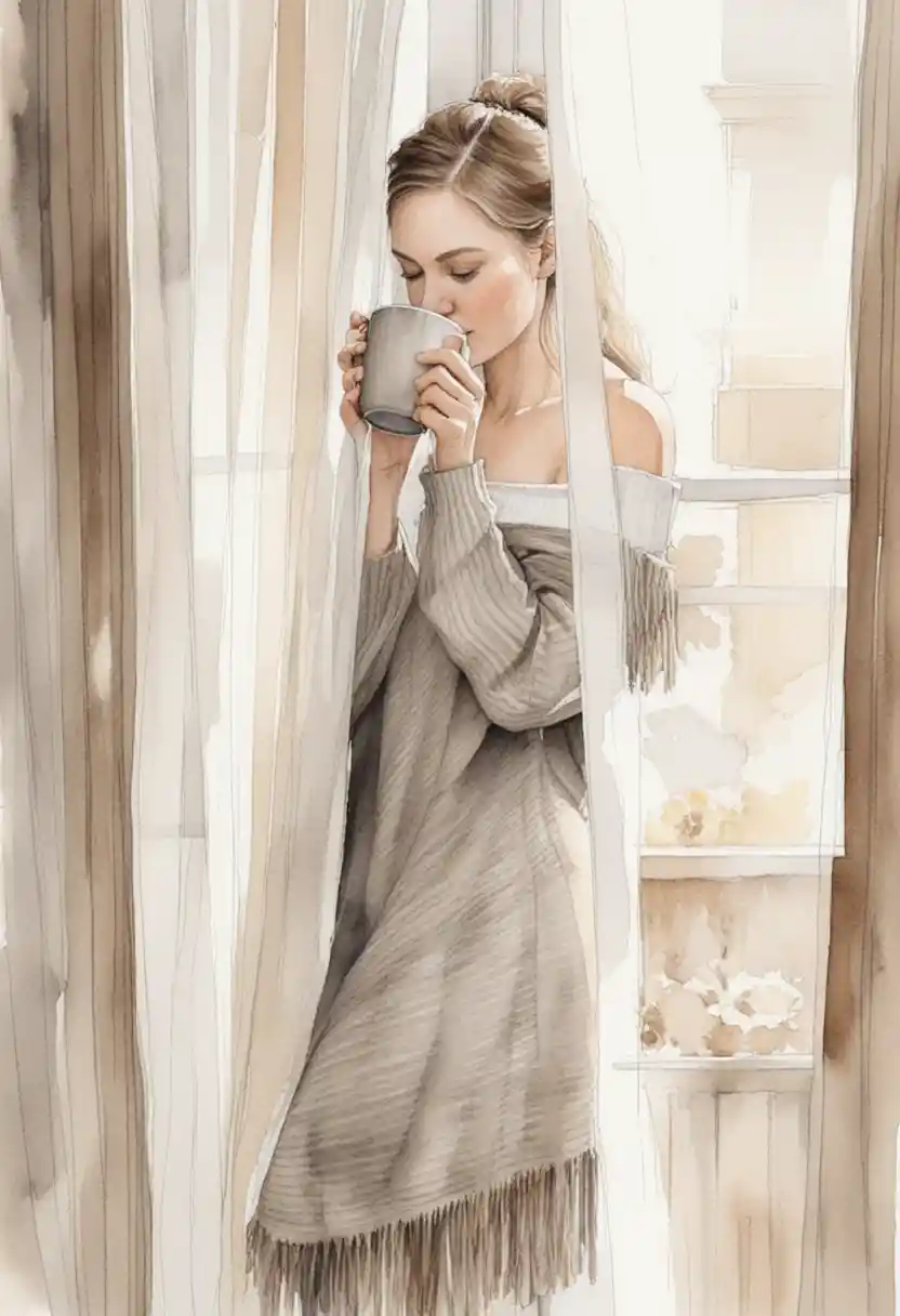 Femme en maille taupe près d’une fenêtre lumineuse