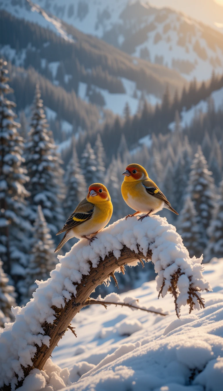 Dois pintassilgos em um galho nevado na luz dourada dos Alpes