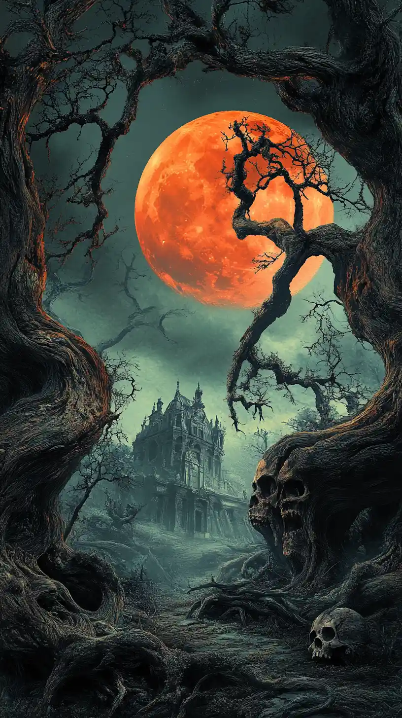 Dark forest under a blood orange moon and distant mansion