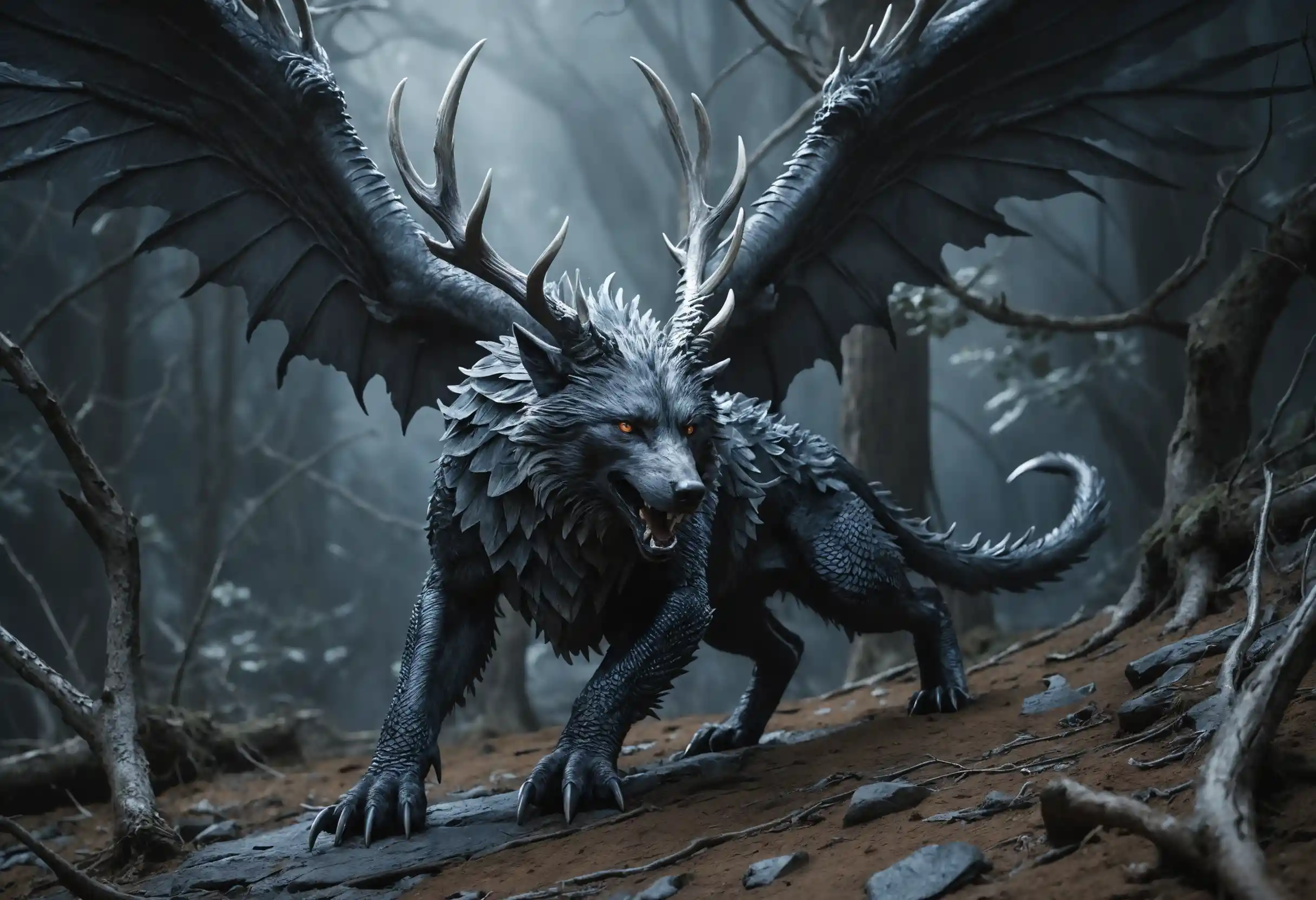 Chimera mitica lupo-drago sotto un cielo fantasy al chiaro di luna