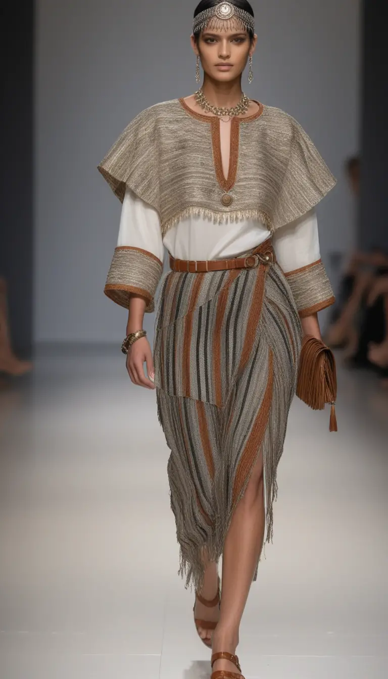 Runway model in ornate silver headpiece and striped wrap skirt