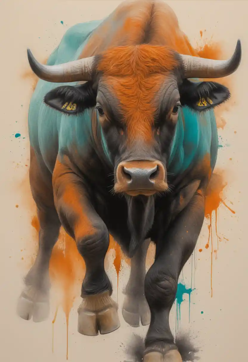 Charging spanish bull in mixed media art illustration