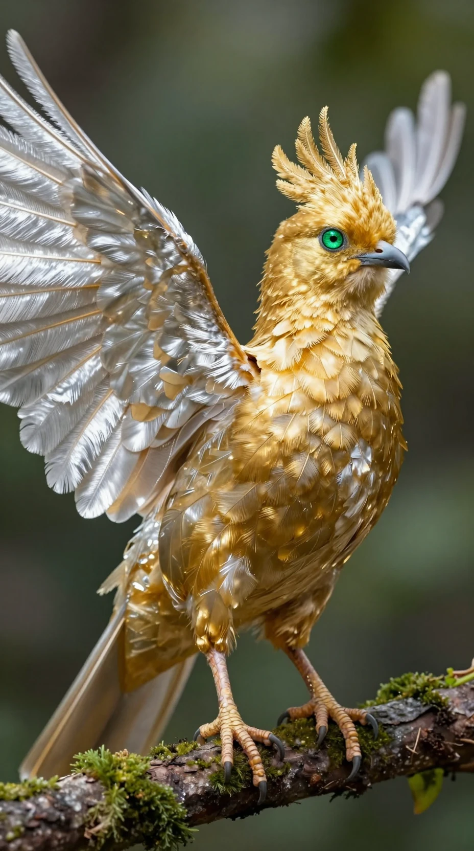 Majestic golden bird with silver wings on forest branch